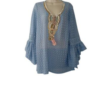 Le Bellum Hillary Scott Womens Tunic Blue Crochet Beaded Bell Sleeve Plus 1X